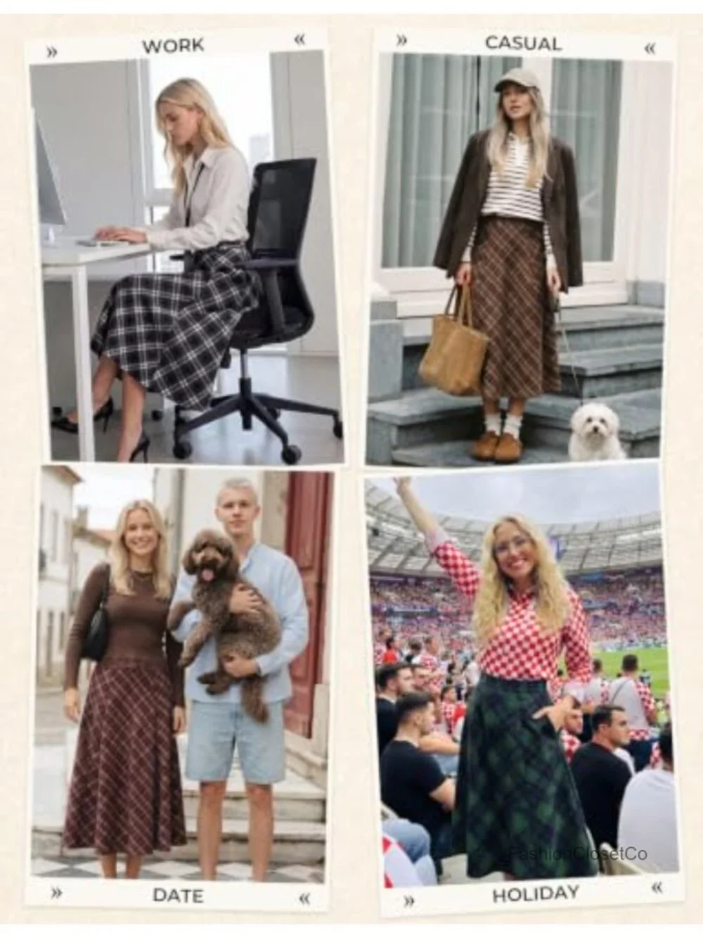 Plaid Midi Skirt High Waist A-Line with Pockets Women's Fall Winter